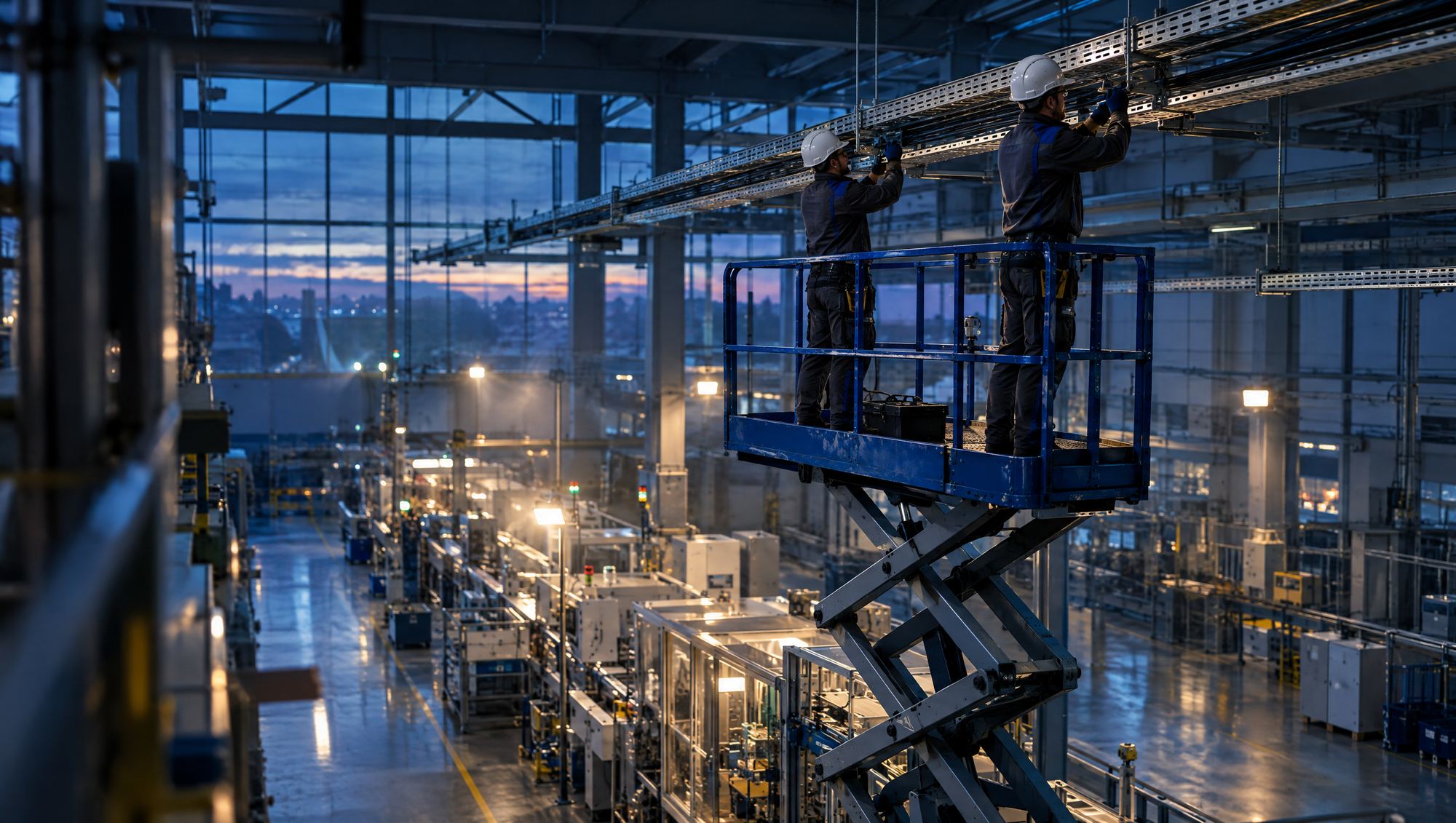 Zwei TBP-Elektriker montieren auf einer Hebebühne Kabeltrassen in einer Produktionshalle